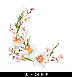 Kranz mit Frühlingsblumen, handgezeichnete Aquarell-Illustration isoliert auf weißem Hintergrund Stockfoto