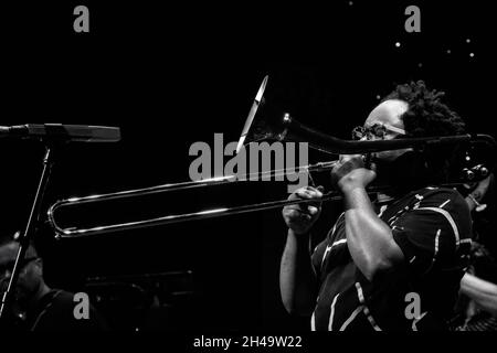 Dennis Rollins spielt Posaune mit Jean Toussaint Allstar Sextet, Scarborough Jazz Festival 2021, UK Stockfoto