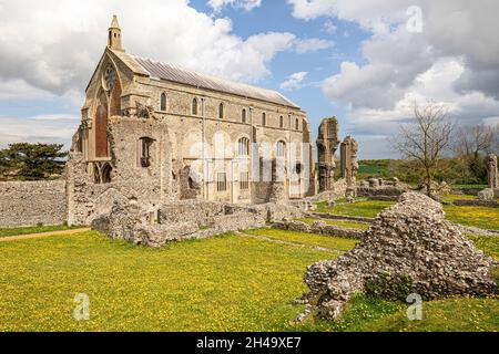 Butterblumen im Mai im St. Mary's Priorat, einem Benediktiner-Priorat, das 1091 gegründet wurde, im Dorf Binham, Norfolk, Großbritannien Stockfoto