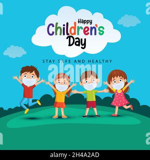 Happy Kindertag Hintergrundgrüße mit Kind fliegen Rakete Vektor Illustration Design Stock Vektor