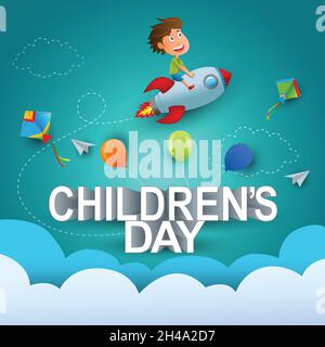 Happy Kindertag Hintergrundgrüße mit Kind fliegen Rakete Vektor Illustration Design Stock Vektor