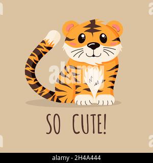Happy Chines Tiger, asiatisches Neujahr, wildes Tier in einem flachen Stil isoliert auf einem beigen Hintergrund. Stock Vektor