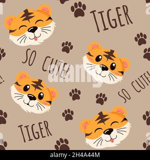 Nahtloses Muster mit fröhlichem Chines Tiger, asiatischem Neujahr, wildem Tier in flachem Stil, isoliert auf einem beigen Hintergrund. Stock Vektor