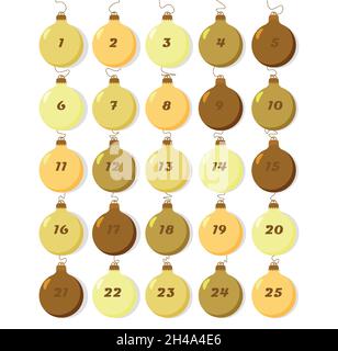 Weihnachtsbaum goldene Kugeln. Adventskalender. Goldfarbe. Symbol für glückliches neues Jahr, Weihnachtsfeiertage, Winter. Stock Vektor