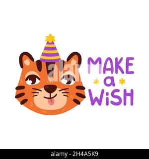 Tiger mit Partyhut. Chinesisches Tierkreiszeichen. Wish-Schriftzug erstellen. Symbol des neuen Jahres 2022, 2034. Vektordarstellung auf weißem Hintergrund isoliert. Stock Vektor