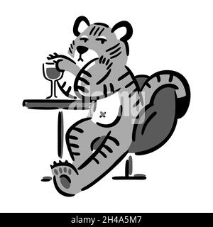 Tiger sitzt auf einem Stuhl mit einem Glas Wein. Chinesisches Tierkreiszeichen. Symbol des neuen Jahres 2022, 2034. Vektordarstellung auf weißem Hintergrund isoliert. Stock Vektor