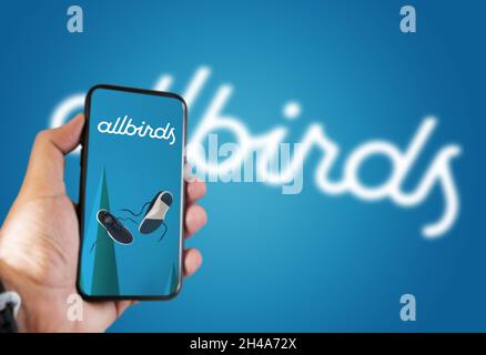 San Francisco, USA, Oktober 2021: Hand hält ein Telefon mit der Allbirds Mobile App auf dem Bildschirm und das Logo verschwommen auf einem blauen Hintergrund. Allbirds Stockfoto