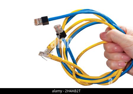 Blaue und gelbe Ethernet-Kabel in Damenhand isoliert auf weißem Hintergrund. Paket von Ethernet-Computer-Schnittstellenkabel mit verschiedenen Farben Stockfoto