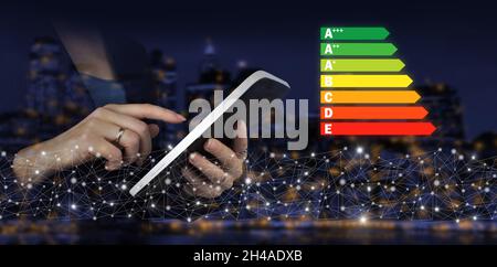 Modell der Energieeffizienzrate. Weißes Tablet mit Handberührung und digitalem Hologramm-Energieeffizienzschild auf dunklem, unscharfem Hintergrund der Stadt. Konzept von ecol Stockfoto