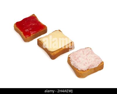 Set aus Toastbrotscheiben, isoliert auf weißem Hintergrund, Draufsicht Stockfoto