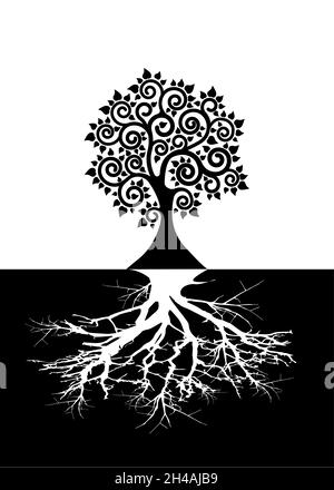 Konzept des heiligen Baumes des Lebens und der Wurzeln, die Bodhi-Baumlogo-Vorlage, Silhouette-Symbolvektor isoliert auf schwarzem und weißem Hintergrund Stock Vektor