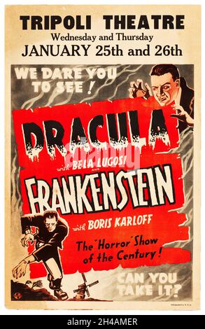 Dracula (Bela Lugosi) - Frankenstein (Boris Karloff) Combo-Filmposter (Universal, R-1938). Fensterkarte. Stockfoto