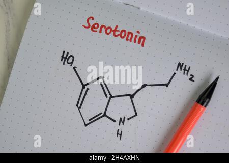 Serotonin-Molekül schreiben auf den Papierkram. Strukturelle chemische Formel. Bildungskonzept Stockfoto
