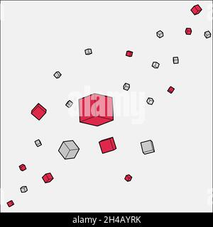 Rote und graue Würfel sind chaotisch angeordnet. Abstraktes kubisches Muster. Geometrische Design-Vorlage für Broschüre, Broschüre, Flyer-Design. Illustrat Stockfoto