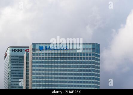 HSBC Global Headquarters und Barclay's Bank HQ in Canary Wharf, London, Großbritannien Stockfoto