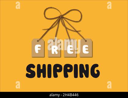 „Free shipping“-Schild mit hängenden Tags, die das Wort „Free“ bilden, isoliert auf einem gelben Hintergrund Stockfoto