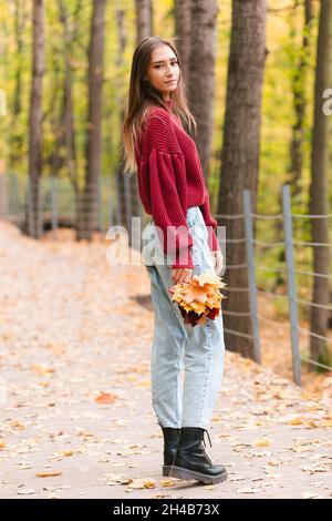 Junge asiatische Frau im roten Pullover mit gelben Ahornblättern im Park Stockfoto