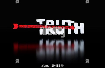 Das Wort Wahrheit durchbohrt von einem Pfeil der Verschwörung, Fake News, Desinformation, Propaganda, alternative Fakten, Lügen, Wahrheit wird zerstört Konzept 3D i Stockfoto