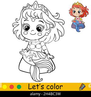 Niedliche kleine Meerjungfrau, die auf einem Stein sitzt und auf einem Seesterne schaut. Malseite und bunte Vorlage für Kinder Bildung. Vektorgrafik. Für de Stock Vektor