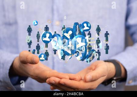 3D Render Globales Netzwerk, Blockchain. Neuronale Netze und künstliche Intelligenz in einer Hand Stockfoto
