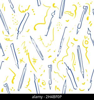 Satz von Schreibwaren handgefertigt im Skizzenstil. Skizze der Schreibelemente. Schreibwaren-Set, Stift, Lineal, Bleistift, Pinsel, Kelle, Clip, Linie im Skizzenstil. Stock Vektor