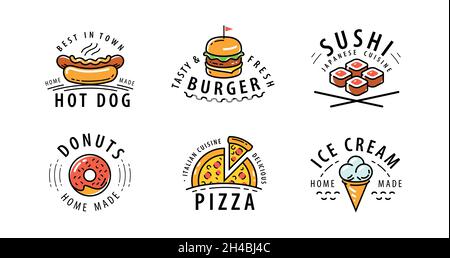 Set mit Lebensmitteletiketten. Embleme oder Restaurantkarte, Café. Vektorgrafik Stock Vektor