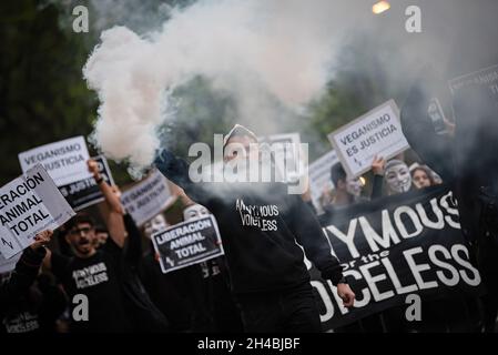 Buenos Aires, Argentinien. November 2021. Demonstranten halten während der Demonstration Plakate und brennende Fackeln. Anlässlich des Welt-Veganismus-Tages veranstalteten Umweltgruppen in Argentinien eine Demonstration gegen Tiermissbrauch, Handelsabkommen und gegen den Verzehr von Fleisch. Kredit: SOPA Images Limited/Alamy Live Nachrichten Stockfoto