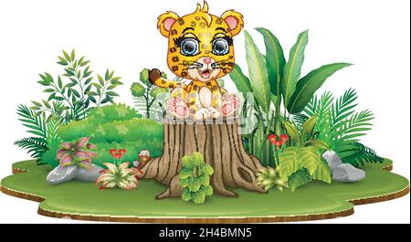 Cartoon glücklich Baby Leopard sitzt auf Baumstumpf mit grünen Pflanzen Stock Vektor