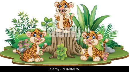 Glückliche Leopardengruppe mit grünen Pflanzen Stock Vektor
