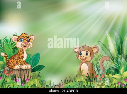 Karikatur der Naturszene mit einem kleinen Leoparden auf einem Baumstumpf und einem Affen Stock Vektor