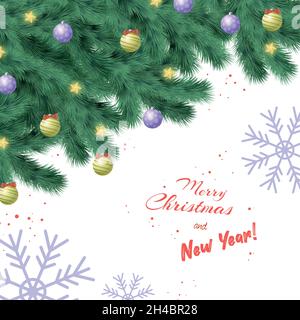 Weihnachtszweige mit festlichen Kugeln und Girlanden, Frohes Neues Jahr und Frohe Weihnachtsgrüße auf dunklem Hintergrund - Vektor-Illustration Stock Vektor