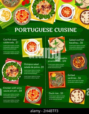 Portugiesische Küche Restaurant Gerichte Menü. Eintopf Caldeirada, gesalzener Kabeljau Bacalhau und Oktopus-Salat, Huhn mit Piri Piri-Sauce, gebratenes Kaninchen und sardelle Stock Vektor
