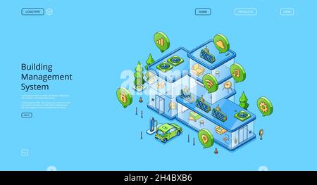 Business-Management-System isometrische Landing Page, Computer-basierte Steuerung in Gebäuden installiert, die Verwaltung und mechanische und elektrische Geräte, Hausautomation, 3d-Vektor-Linie Kunst Web-Banner Stock Vektor