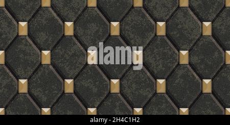 3d goldene Gitterfliesen auf Marmorhintergrund. Material rustikalen Hintergrund. Hochwertige, nahtlose, realistische Textur. Stockfoto
