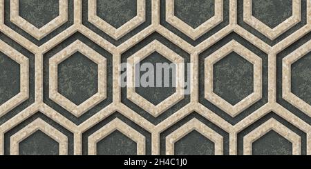 Sechseckiger abstrakter Hintergrund. Modernes zelluläres wabenpanel 3d mit Sechsecken. Keramik, Marmor, Metallfliesen. 3d-Wandstruktur. Geometrischer Hintergrund Stockfoto