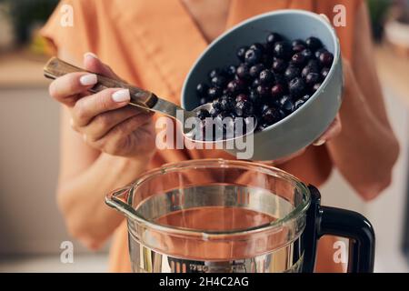 Hände einer jungen Frau, die frische Heidelbeeren in einen elektrischen Mixer gibt, während sie in der Küche hausgemachten Smoothie kocht Stockfoto