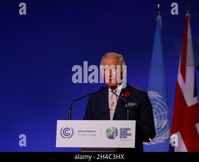 Glasgow, Großbritannien. November 2021. Der britische Prinz Charles spricht bei der Eröffnungszeremonie des World Leaders Summit auf der 26. UN-Konferenz der Parteien zum Klimawandel (COP26) in Glasgow, Großbritannien, am 1. November 2021. Die Staats- und Regierungschefs der Welt forderten am Montag auf der COP26 konkrete Maßnahmen zur Bewältigung der Herausforderungen des Klimawandels. Quelle: Han Yan/Xinhua/Alamy Live News Stockfoto