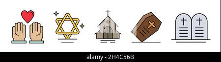 Enthält Symbole wie Religion, Gott, Glaube, Beten, Christ, Katholisch, Kirche, Islam, Judentum, Hinduismus, Meditation, Bibel. Stock Vektor