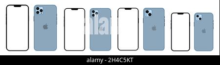 Realistische mockup blau iphone 13 Alle Farben und Modelle, mockup Smartphone mit weißem Bildschirm Stock Vektor