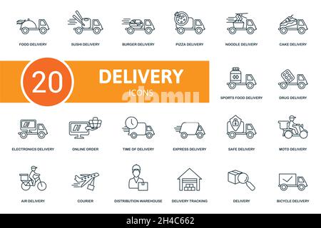 Ausgabesymbol eingestellt. Sammlung einfacher Elemente wie Lebensmittelzustellung, Sushi, Burger-Lieferung, Medikamentenabgabe, elektronische Lieferung, Uhrzeit von Stock Vektor