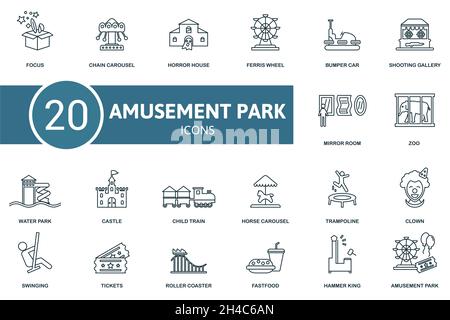 Symbol für Vergnügungspark eingestellt. Sammlung von einfachen Elementen wie Fokus, Kettenkarussell, Horrorhaus, Zoo, Wasserpark, Kinderzug, Riesenrad. Stock Vektor