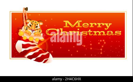 Niedlicher Tiger in Socken Frohes neues Jahr fröhliche weihnachtsfeiertage Grußkarte Stock Vektor