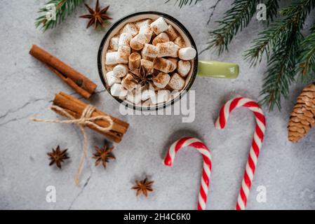 Weihnachtsferien kreatives Layout mit marmelow heiße Schokolade, Kiefer, rote Beeren und Pinienzapfen, gemütliche Weihnachten flach legen Stockfoto