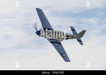 31. Oktober 2021, Salinas, CA: P-51D Mustang tritt während der 40. Jährlichen California International Airshow auf. (Stan Szeto/Image of Sport) Stockfoto