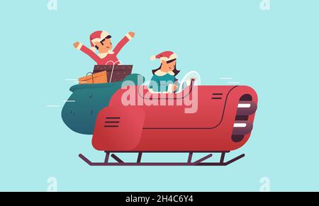 Elfen fahren Schlitten Auto mit Geschenken fröhlich weihnachten frohes neues Jahr Winterferien Feier Konzept Grußkarte Stock Vektor