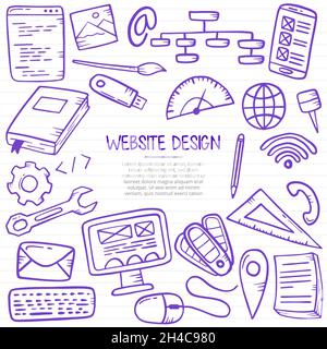 Website-Design Doodle Hand gezeichnet mit Umriss Stil auf Papier Bücher Linie Vektor Illustration Stockfoto