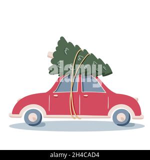 Flacher Vektor-Antrieb rotes Auto mit Kiefer Weihnachtsbaum Doodle Illustration, frohe Weihnachten, Idee für Grußkarte, Wandkunst, T-Shirt, bedruckbare Apparel isoliert auf weißem Hintergrund. Stock Vektor