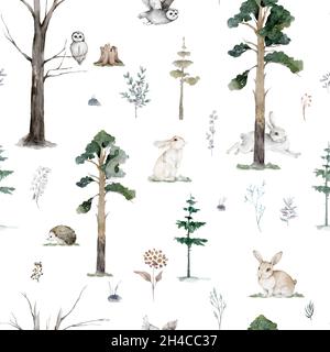 Aquarell Woodland Tiere nahtlose Muster. Stoff Tapete Hintergrund mit Eule, Igel, Fuchs und Schmetterling, Vogel Baby Tier, skandinavisch Stockfoto