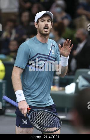 Paris, Frankreich. November 2021. Andy Murray aus Großbritannien reagiert am 1. Tag des Rolex Paris Masters 2021, einem ATP Masters 1000 Tennisturnier am 1. November 2021 in der Accor Arena in Paris, Frankreich - Foto: Jean Catuffe/DPPI/LiveMedia Kredit: Unabhängige Fotoagentur/Alamy Live News Stockfoto