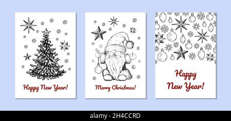 Handgezeichnete Weihnachtskarten mit Weihnachtsmann und Weihnachtsbaum. Vektorgrafik im Skizzenstil Stock Vektor